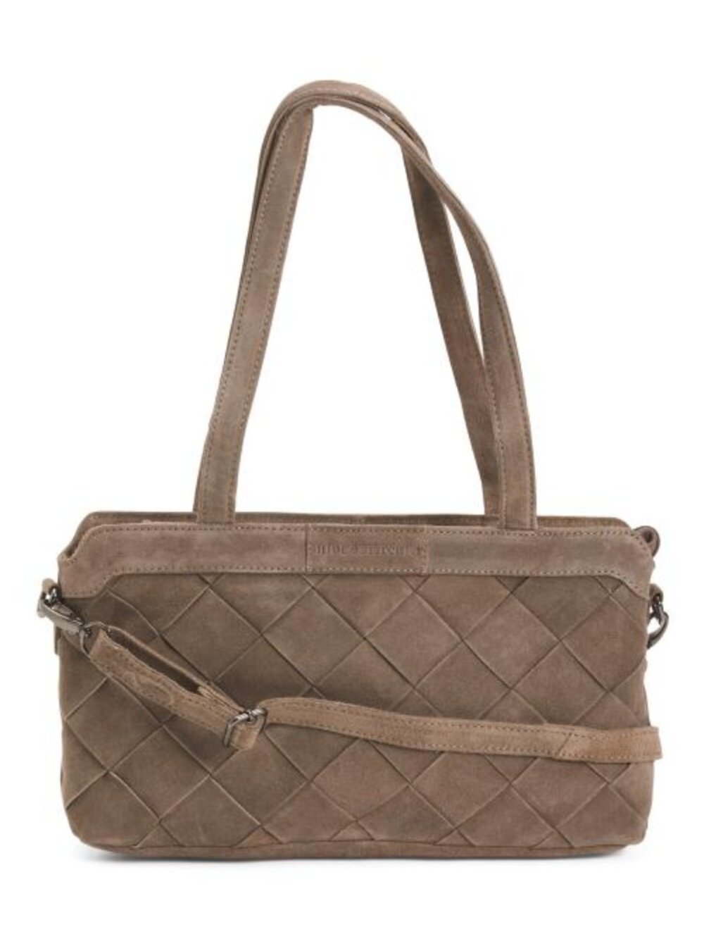 STITCH & HIDE Taupe Suede Woven East West Bag